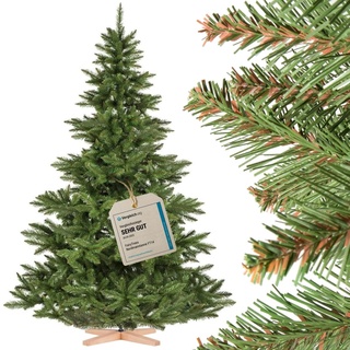 FairyTrees Weihnachtsbaum künstlich 220cm NORDMANNTANNE mit Christbaum Holzständer | TESTSIEGER Tannenbaum künstlich mit grünem Stamm | Made in EU