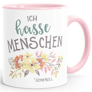 MoonWorks Büro-Tasse Ich hasse Menschen Spruch Blumen Blumenranke Blüten bluming Rosa unisize