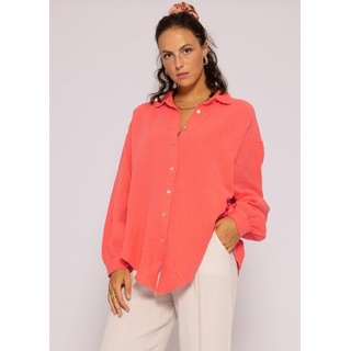 SASSYCLASSY Longbluse Oversize Musselin Bluse Damen Langarm Hemdbluse lang aus Baumwolle mit V-Ausschnitt rot