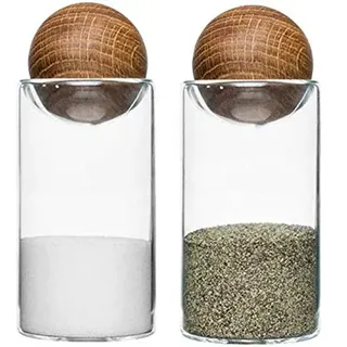 Gravidus Salz & Pfeffer Gewürzstreuer Set – Glas & Eichenholz, 2er Set, 11,5 cm, Ø 4,8 cm – Salzstreuer und Pfefferstreuer für Küche & Esstisch, nachfüllbar, modernes Design