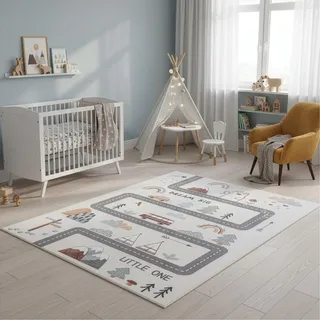 SIMPEX Kinderteppich Straße Spielteppich für Kinderzimmer in Creme mit Fahrzeug und Natur Motiv Größe 160x230 cm perfekt für große Kinderzimmer