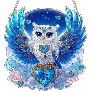 luxuskollektion MXJSUA Blaue Eule Diamond Painting Anhänger mit Kette Erwachsene, Diamant Painting Fensterbilder Hängende Ornament Bastelset Set für Wand Und Einga