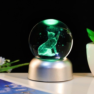 6 cm Kristallkugel Laser 3D Katze Figuren Briefbeschwerer mit LED-Licht Lampe, Glas Katze Themed Sammlerstück Ornamente Geschenke für Katzenliebhaber Frauen