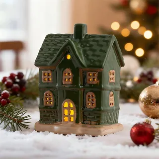 Weihnachtsdorf mit Beleuchtung, Weihnachtsdeko Häuser, LED Keramik Lichthäuser Weihnachten Deko Innen, Beleuchtete Weihnachtshäuser, Weihnachtsdorf Häuser Porzellan Lichthaus für Winterdeko (B)