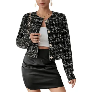 LIUYUYOUGO Wollmantel Damen Damen Hahnentritt Blazer Kragenlos Kariert Kurzer Tweed Jackenmantel Schwarz Langärmelig Vorne Offen Büro Arbeitsanzugjacke Elegant Schmale Passform Business Shorts - S