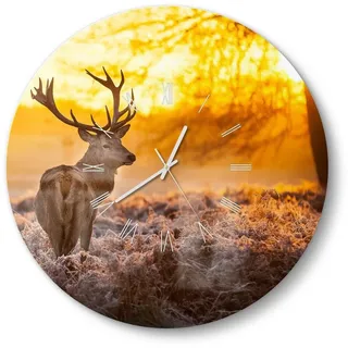 DEQORI Wanduhr 'Hirsch am Wintermorgen' (Glas Glasuhr modern Wand Uhr Design Küchenuhr) braun|orange 50 cm x 50 cm