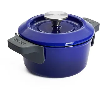 WOLL – Iron Gusstopf Ø 16 cm blau mit Deckel & Silikongriffen – Induktion Eisenguss-Topf 1,3 Liter, 8 cm hoch – robust, antihaftbeschichtet, für alle Herdarten, backofenfest
