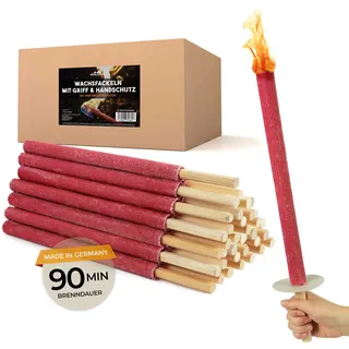 Bolson Wachsfackeln 90 Min (50 Stk.) Gartenfackel aus Wachs mit Handschutz & Griff für Kinder & Erwachsene - in Deutschland hergestellte Fackel für Draußen - ideal f. Fackelwanderung, Garten, Outdoor