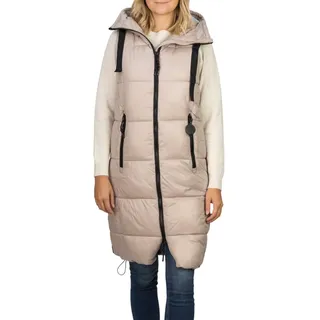 DENIMFY Steppweste Damen lang mit Kapuze Regular Fit DFCaro Weste Knielang Outdoor Reißverschluss Taschen Herbst Winter Beige S, Größe:S, Farbe:String Beige - S