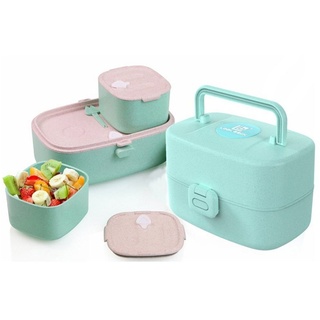 JOEAIS Lunchbox Bentobox Brotdose für Kinder Löffelgabel Lunchbehälter 3-integrierte, 860ml Nachhaltige Brotdose mit Fächern Lebensmittel-safe Materialien blau|grün 860 ml