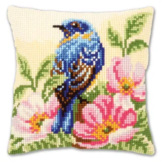 Vervaco Kreuzstich Stickpackungen Kissen Stickerei Set Anfänger Vorgedruckt Vogel auf Wilder Rose DIY Set Kreativ Set Für Erwachseneca. 40 x 40 cm Bastelset Handwerker Haus Dekoration
