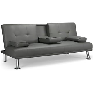 Yaheetech 3er-Sofa Schlafsofa Couch mit Tassenhalter Gästebett, Rückenlehne neigbar 105°/140°/180°, 167x81,5x75 cm, 350 KG belastbar, grau Kunstleder