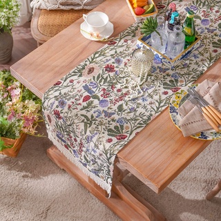 ARTABLE Rechteckige Tischläufer Grüne Blätter und Blumen Vintage Tischläufer Quastenrand Elegante Tischläufer Landhausstil Küchentischfahne Garten im Freien (Blumen, 40 x 120 cm)