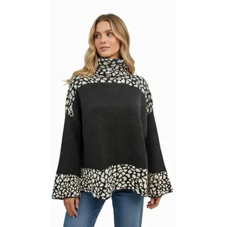 Worldclassca Longpullover WORLDCLASSCA Damen Oversize Strickpulllover Lang Uni + Leopard Muster Neue Kollektion - Stilvolle und gemütliche Strickmode für Damen schwarz