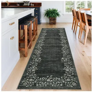 GarveeMore Veloursteppich Waschbarer Vintage Teppich Designteppich Läufer mit floraler Bordüre, Moderner Kurzflor, rutschfest, pflegeleicht & schmutzabweisend schwarz 160 cm x 230 cm