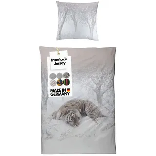 Carpe Sonno Bettwäsche Jersey 135x200 155x220 Bettbezug Baumwolle Bettwäsche MADE IN GERMANY, Mako-Interlock-Jersey, 2 teilig, Hochwertige Luxus Interlock Bettwäsche 155 x 220 cm - Tiger weiß