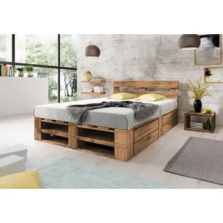 Lermowood Palettenbett M2 aus Holz 140 x 200 cm Eiche mit Kopfteil und 2 Bettkästen Holzbett 40cm Stabiles Seniorenbett Kinderbett Jugendbett Gästebett erhöhtes Bettgestell Futonbett Komforthöhe
