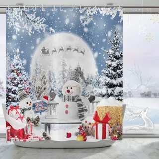 Hnmdmyi Duschvorhang Weihnachten 180x200, Winter Schneemann Weihnachtsbaum Schneeflocke Kiefer Wald Geschenkboxen Duschvorhänge Frohe Weihnachten Urlaub Wasserdicht Polyester Stoff Badewanne Vorhang