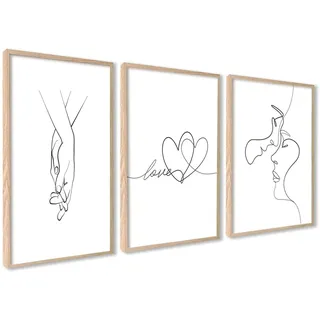3er Set Poster 40x50cm Mit Rahmen Holz Wanddeko Wohnzimmer Modernes Design | Line Art Liebe Küssen Hand in Hand Weiß Sprüche Zitate Bilder Wanddeko, Ideal als Geschenk, Hochwertige Qualität, Flur