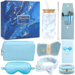 UGBO Geschenke für Mädchen Teenager 9 10 11 12 13 14 15 Jahre Geburtstagsgeschenk für Frauen Trinkgläser mit Deckel Strohhalm Schminkpinsel Kosmetiktasche Armband Socken Haarband 11 tlg Blau