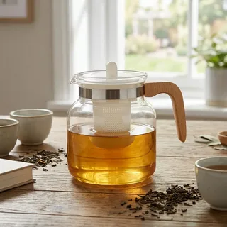 Edle Glas-Teekanne 1,5L mit Holz-Griff, hitzebeständiges Borosilikatglas, weisser Tee-Bereiter & Infuser - Modern & Gross