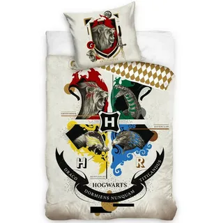 BERONAGE Kinderbettwäsche Harry Potter Houses Bettwäsche Linon / Renforcé 147 Bettbezug School, 100% Baumwolle, 2 teilig, 135x200 + 80x80 cm bunt|weiß
