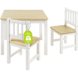 Bomi Kindersitzgruppe Holz Amy | Kindertisch mit 2 Stühlen | Tisch & Stühle Kinderzimmer Set | Spieltisch ab 1 Jahr | Kindertisch für drinnen | Maltisch & Basteltisch Kinder | Kindermöbel Weiß Natur