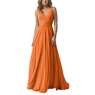 yhfshop Abendkleider Elegant,Kleid aus Chiffon mit doppelter Schulter und V-Ausschnitt, A-Linien-Partykleid-Orange B_36,Ballkleid Brautjungfernkleider Festkleid
