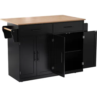 Servierwagen mit klappbarer Tischplatte, 2 Schubladen und Doppeltüren, 136x46/71x91,5 cm, Schwarz+Naturfarbe