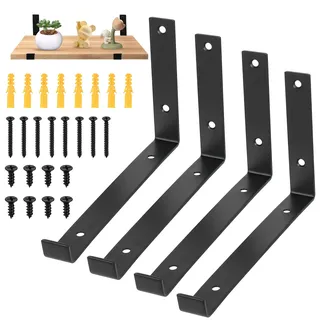 4 Stk Regalhalterung Schwarz, Winkel Regalwinkel Schwerlastwinkel, Industrielle Regalhalterungen, Schwimmende Wandhalterung Regal Wandregal Regalträger Halter mit Lippen(237mm)