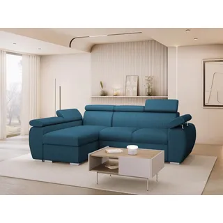MIRJAN24 Ecksofa Boston Mini Premium Cord 2RLC, mit Bettkasten und Schlaffunktion, Verchromte Metallfüße, Einstellbare Kopfstützen blau