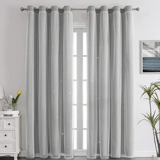 Nyescasa Verdunklungs Vorhänge Kinderzimmer Vorhang Doppellagige Gardienen mit Höhlen Sterne mit Voile Ösenschal für Wohnzimmer Schlafzimmer Mädchen Dekoschal 2er Set 160x132cm(H×B) Grau