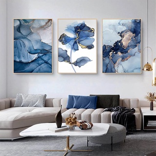 Sarah Duke 3er Poster Set, Gold Blau Luxuriöse Blumen Grafiken Wandbilder, Ohne Rahmen Leinwand Kunstposter, Stilvolle Nordic Wanddeko Bilder Wohnzimmer (50 x 70 cm)