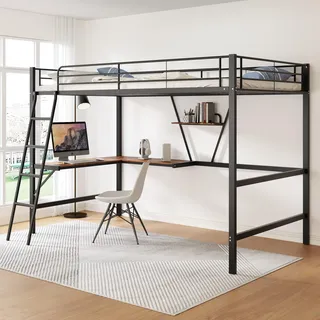 Merax Hochbett 90x200 Metallbett mit L-förmigem Schreibtisch und Regal, Bettgestell mit Lattenrost (ohne Matratze) für Kinder/Erwachsene, Schwarz