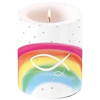 ZauberDeko Stumpenkerze Kerze Regenbogen Fisch Bunt Kommunion Konfirmation 9cm H 7,5cmØ