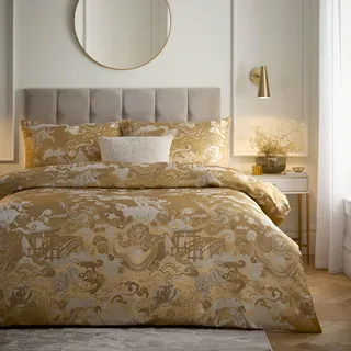 Paoletti Baransu Bettbezug Set – Luxus Jacquard Orientalisch Strukturierte Bettwäsche (Gold – King UK Standard – 230x220cm)
