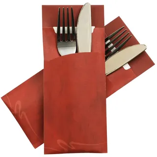 50x Pochetto Bestecktaschen 200x85mm burgund marmor. inkl. Serviette weiß