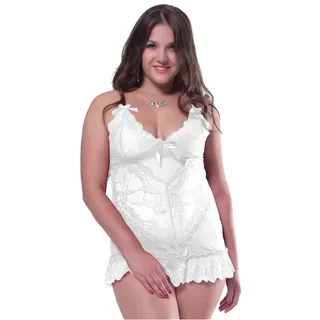 Lau-Fashion Babydollkleid Reizwäsche Dessous Weiß Spitze Babydoll Schleifchen + Tanga L/XL