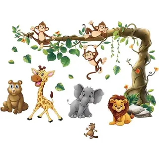 Wandtattoos Dschungelbaum Tierbaum - Wandtattoos Safari Affe Giraffe Bär Elefant - Wandtattoos Kinderzimmer Schlafzimmer Wanddekoration
