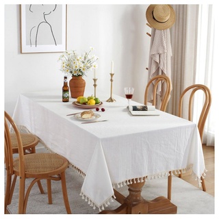 NUODWELL Tischdecke Unifarbene rechteckige Tischdecke aus Leinen mit Quasten weiß 140x180cm