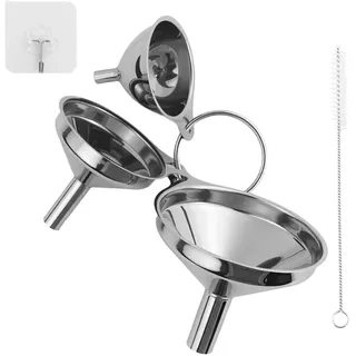 3 Stück Trichter Küche Edelstahl mit 1 Stück Reinigungsbürsten &Griff, Stapelbarer Kleiner Trichter Klein Küche Mini Trichter für die Übertragung von Flüssigen,4.5/5.5/7.5cm mit 3 Haken