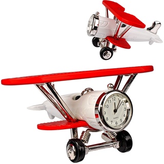 alles-meine.de GmbH kleine - Tischuhr/Miniatur - Uhr - Doppeldecker Flugzeug/Oldtimer - aus Metall - 10,8 cm - batteriebetrieben - Analog - Batterie - weiß - rot - Zahlen Ste..