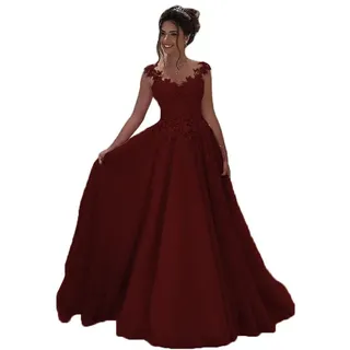 Beyonddress Damen Abendkleider Lang Hochzeit Spitze Prinzessin Ärmellos Brautkleid Ballkleider(Burgund,42) - 42