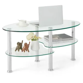 COSTWAY Couchtisch, Glastisch oval Wohnzimmertisch mit Stauraum 89x50x45cm