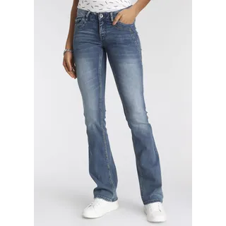 Bootcut-Jeans ARIZONA "mit Keileinsätzen" Gr. 18, K + L Gr, blau (mid, blue, used) Damen Jeans Bootcut Low Waist