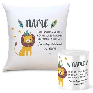 OWLBOOK Boho Löwe Spardose mit Fruchtgummiherzen Personalisiert mit Namen Geschenke Geschenkideen für Mädchen zum GeburtstagWeihnachten Einschulung Taufe Geburt Sparschwein
