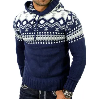 Reslad Strickpullover Reslad Herren Grobstrick Pullover Norweger Winter Kapuzenpullover (1-tlg) Strickpullover Männer Norwegermuster mit Kapuze blau XL