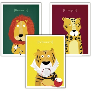 Close Up Kinderzimmer Poster Raubkatzen, 3er-Set (30 x 40 cm | 11,8x15,7") Babyzimmer Deko Bilder, Tiere Kunstdruck - Löwe, Tiger & Leopard