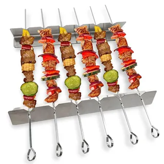 Grillspiess-Set, LEKEFETO 2 x Grill Spieße Rack, 6 x Edelstahl Grillspieße, Shashlik Skewer Set aus Edelstahl Metall, Schaschlikgrill mit Festes Regal, Fleischspieße für Fleisch, Gemüße