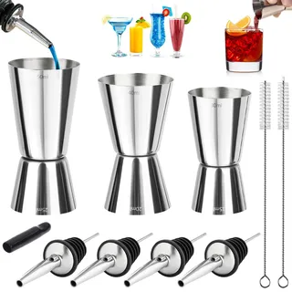 Cocktail Messbecher Edelstahl 3cl 4cl 5cl, 3 Stück Cocktail Jigger Spirituosen Barmaß Doppelmaß Bar Messbecher Cup Set mit Flaschenausgießer & Bürste, Barmass Cocktailmessbecher für Gin Wein Party